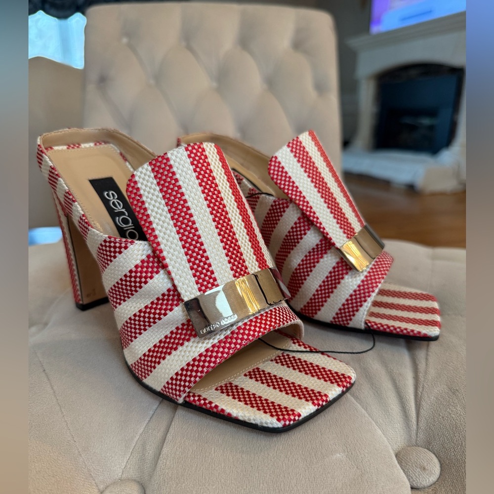 Sergio Rossi Red and White Striped Mules